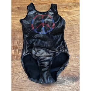 GK Elite Leotard Shawn Peace Sign Gymnastics Adult XS Girls Gray Blue Red